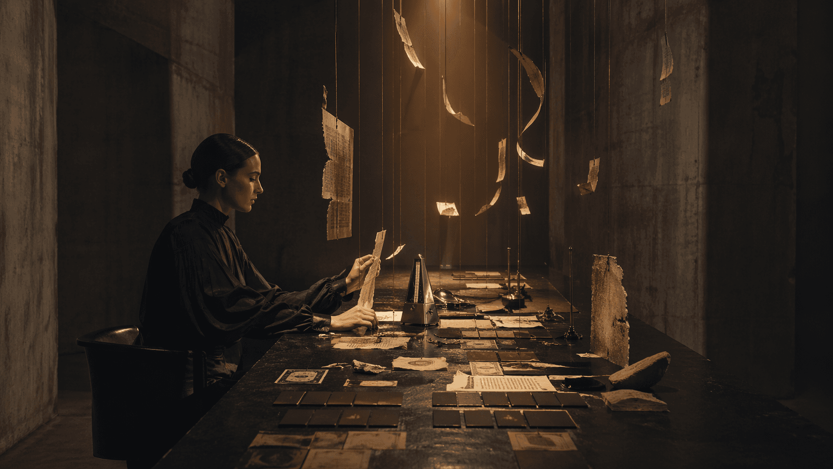 Editorial frame of a strategist studying suspended notes across a long black table.