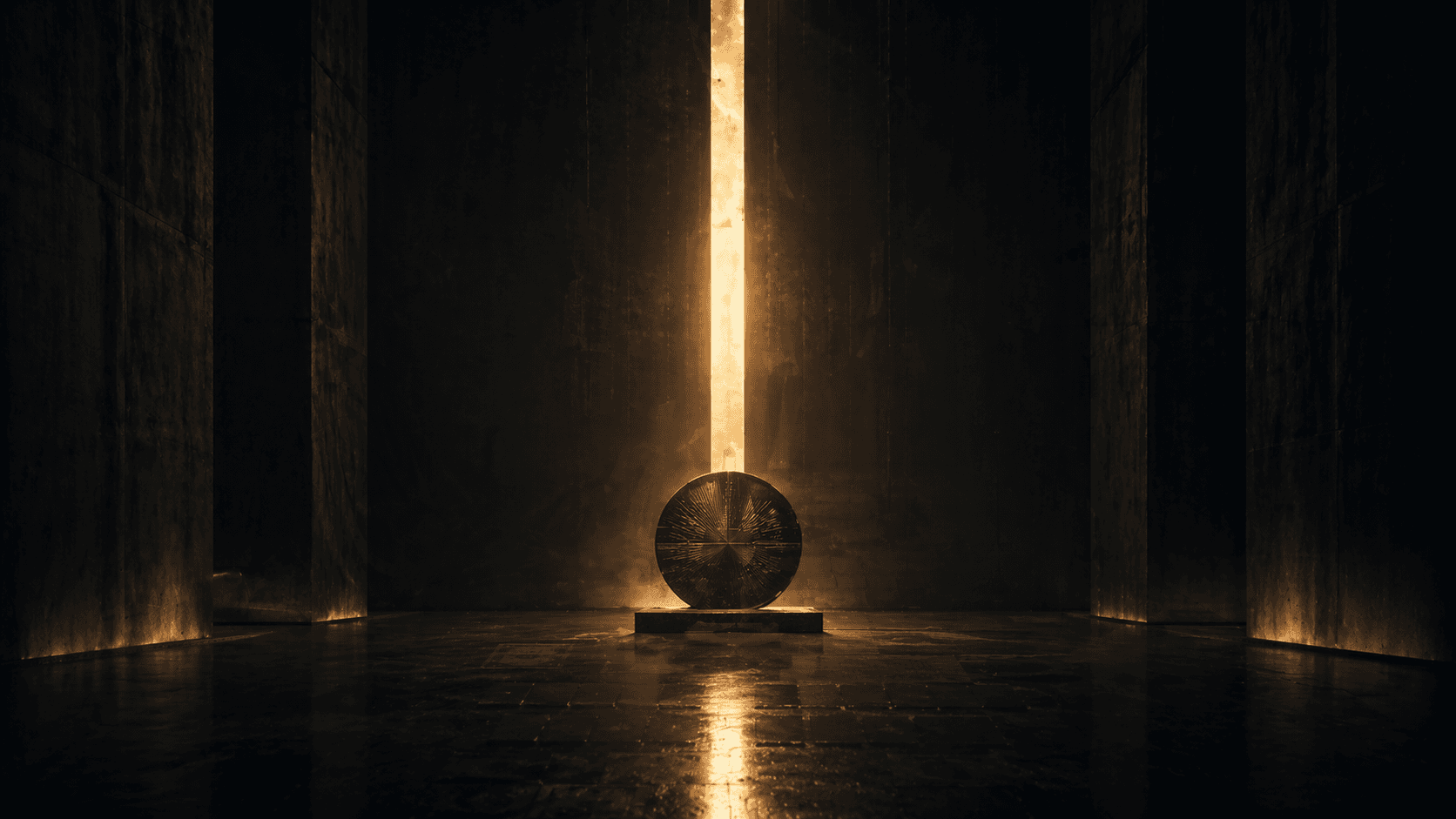 Editorial frame of a circular Bitcoin artifact under a vertical amber light column.