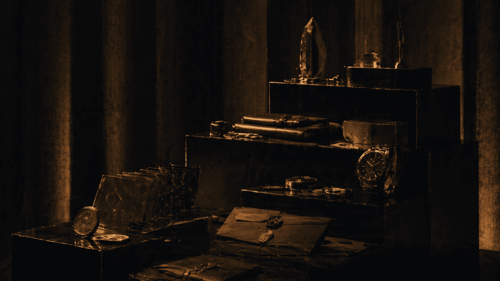 Editorial frame of premium reward objects, journals, and tokens arranged on dark risers.